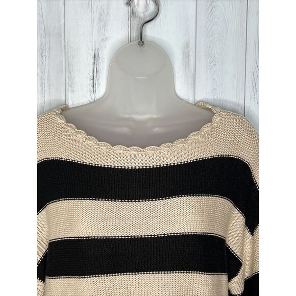 NEW WOMENS LOFT BEIGE BLACK STRIPED BOAT NECK BALLOON SLEEVE BOXY SWEATER SMALL - Picture 3 of 14